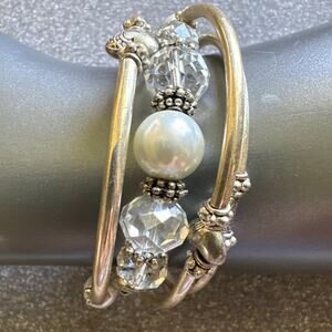 Silver Tone Hearts, Spacers, Pearls, Faceted Clear Beads Wrap Bracelet